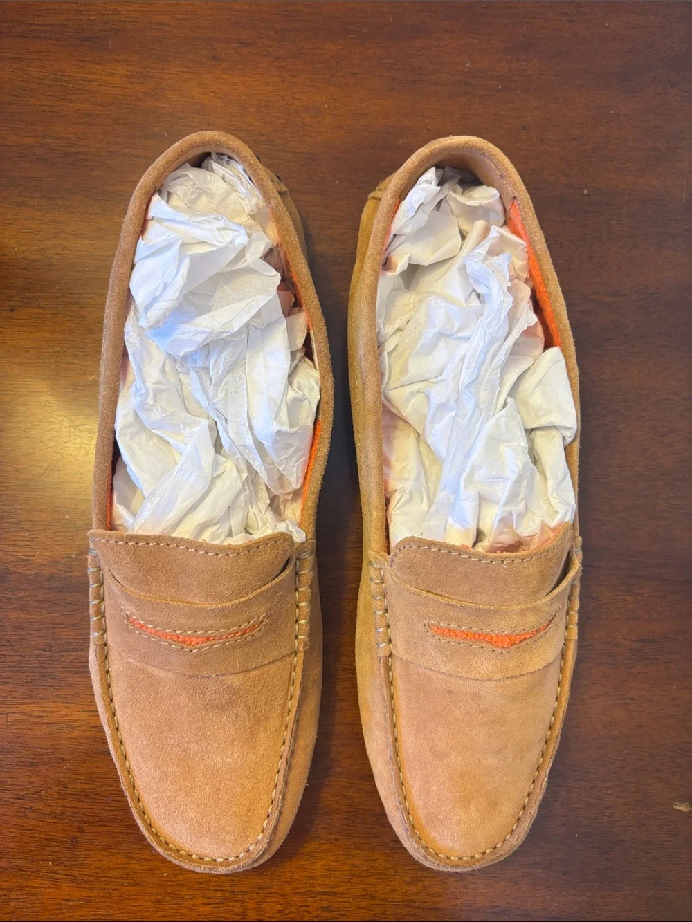Manolo Blahnik brown Suede Penny Loafers with Orange Accent
